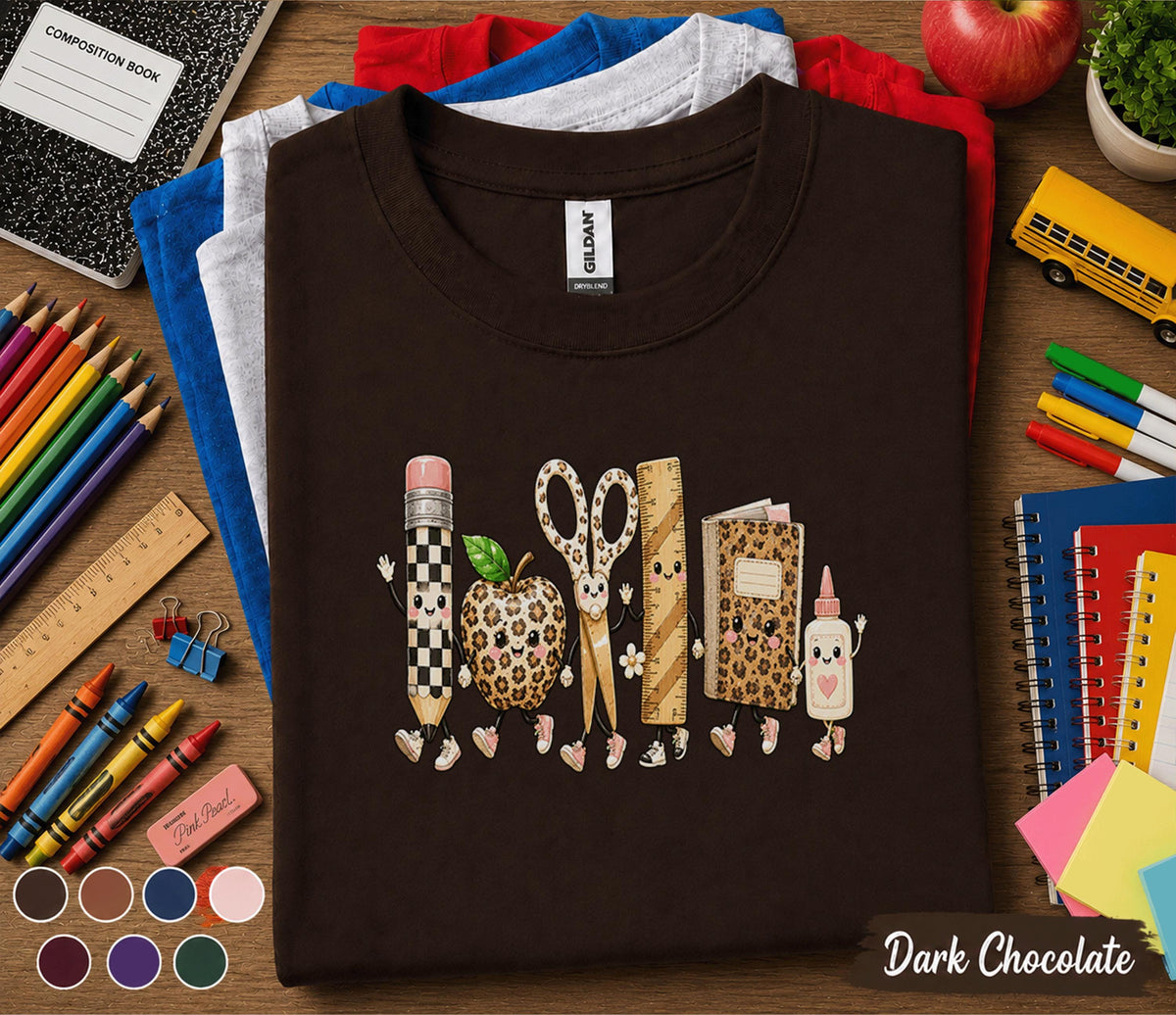 Cute Back to School Shirt, Leopard School Supplies Teacher Tee, Pencil Apple Scissors Book Glue Design, First Day of School Gift Shirt