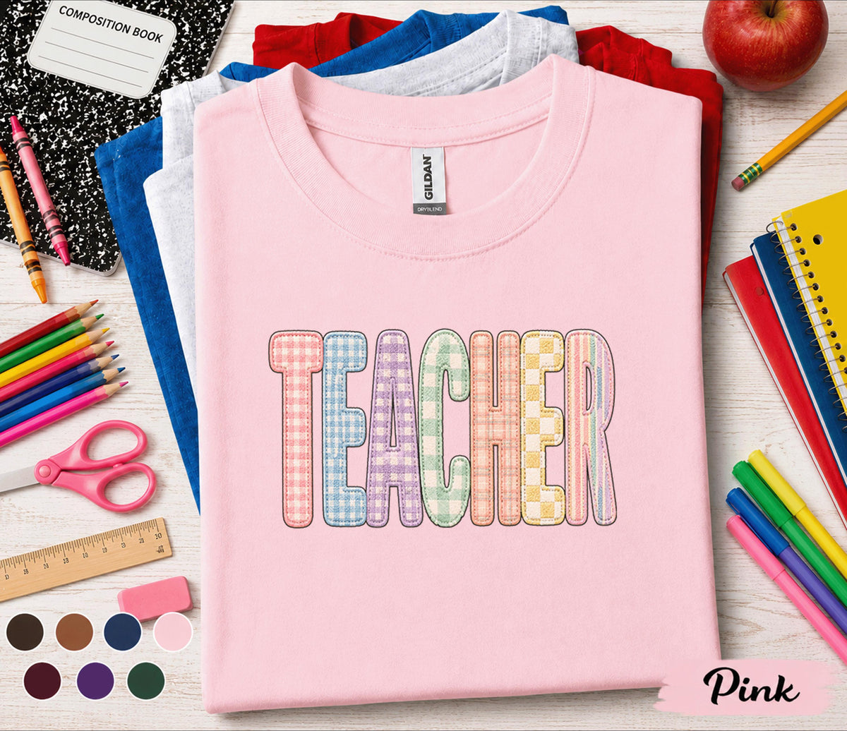 Gift Teacher Shirt Pastel Gingham Lettering Tee, Cute Back to School Teacher Gift, First Day of School Shirt, Colorful Teacher Appreciation