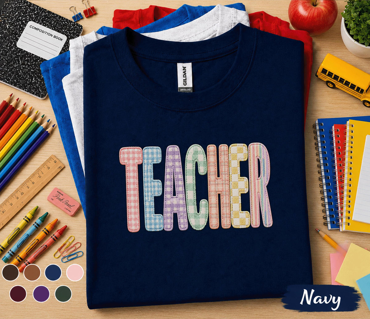 Gift Teacher Shirt Pastel Gingham Lettering Tee, Cute Back to School Teacher Gift, First Day of School Shirt, Colorful Teacher Appreciation