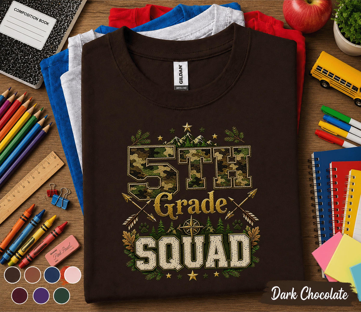 5th Grade Squad Shirt, Camo Back to School Tee, Adventure Fifth Grade Student Shirt, First Day of School Gift, Outdoor Woodland Kids Tee