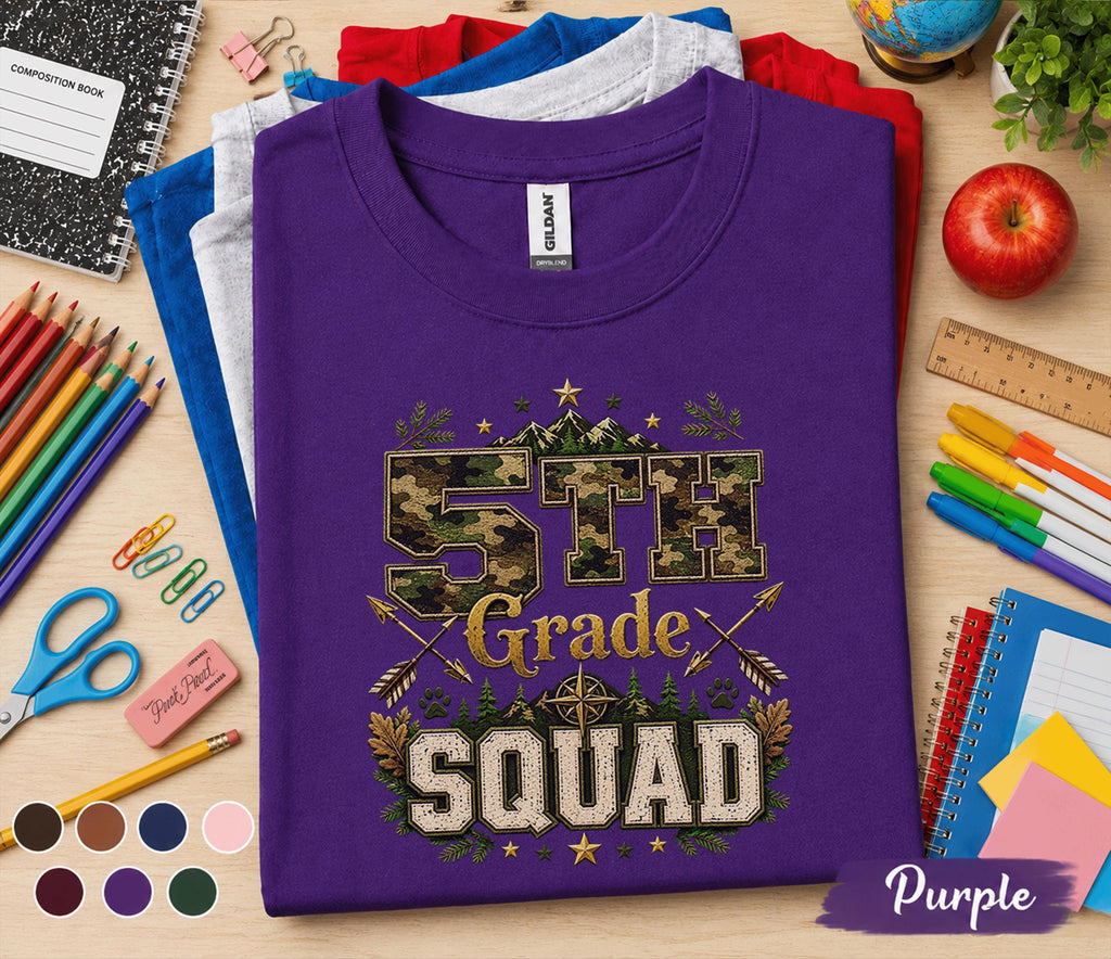 5th Grade Squad Shirt, Camo Back to School Tee, Adventure Fifth Grade Student Shirt, First Day of School Gift, Outdoor Woodland Kids Tee