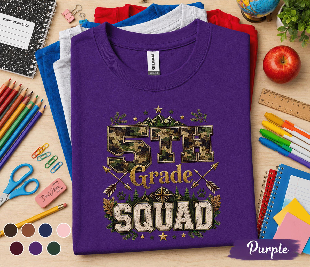 5th Grade Squad Shirt, Camo Back to School Tee, Adventure Fifth Grade Student Shirt, First Day of School Gift, Outdoor Woodland Kids Tee