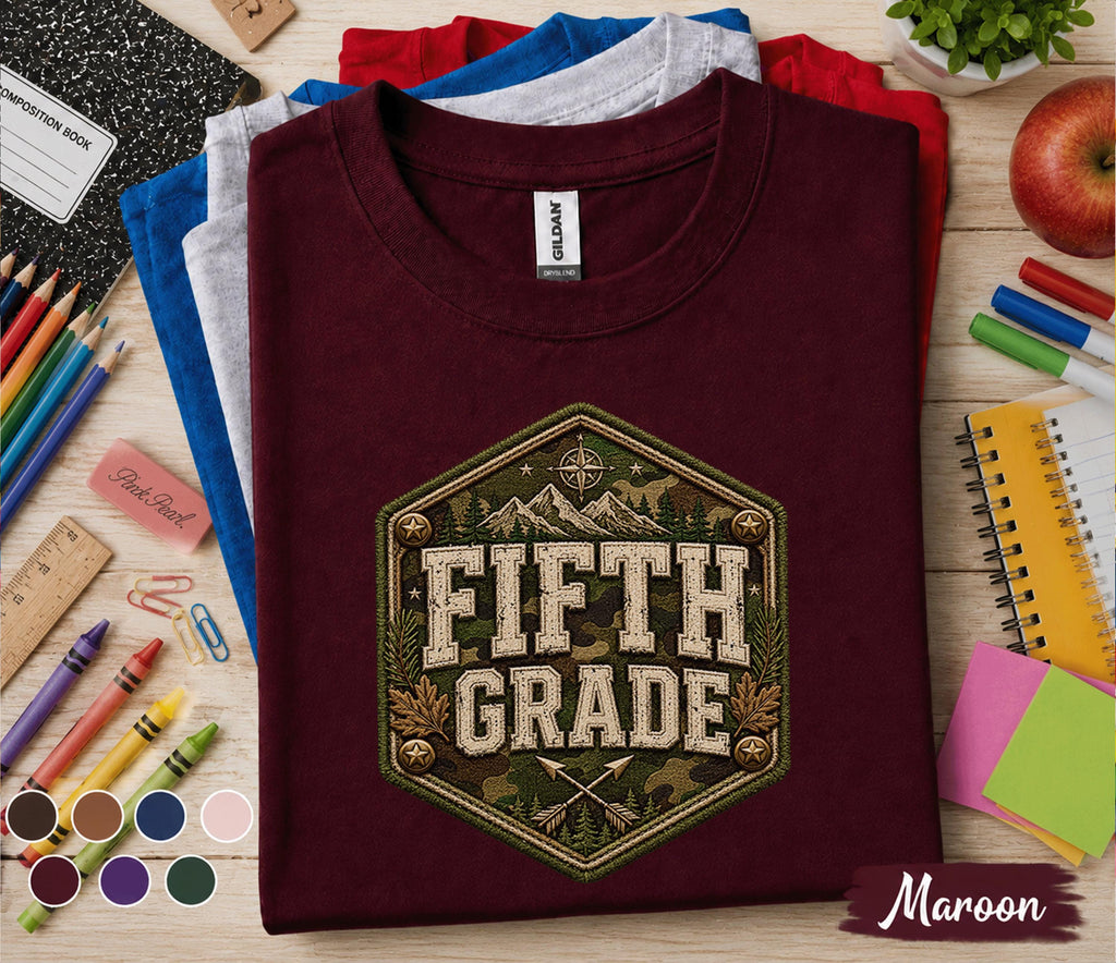 Fifth Grade Camo Shirt, Outdoor Adventure Back to School Tee, 5th Grade Woodland Student Gift, First Day School Hiking Mountain Camo Shirt
