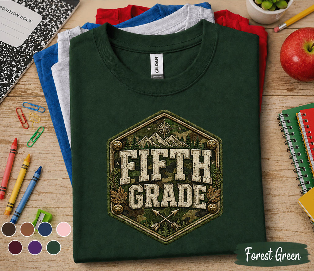 Fifth Grade Camo Shirt, Outdoor Adventure Back to School Tee, 5th Grade Woodland Student Gift, First Day School Hiking Mountain Camo Shirt