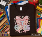 5th Grade Bow Shirt, Cute Coquette Back to School Tee, Pink Gingham Fifth Grade Student Shirt, First Day of School Girl Gift