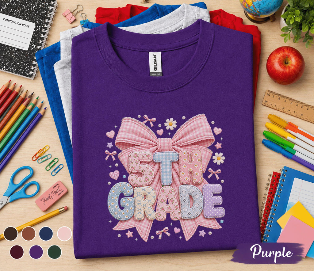 5th Grade Bow Shirt, Cute Coquette Back to School Tee, Pink Gingham Fifth Grade Student Shirt, First Day of School Girl Gift