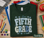 Fifth Grade Shirt, Blue Floral Patchwork Back to School Tee, Cute 5th Grade Student Gift, First Day of School Floral Lettering Shirt
