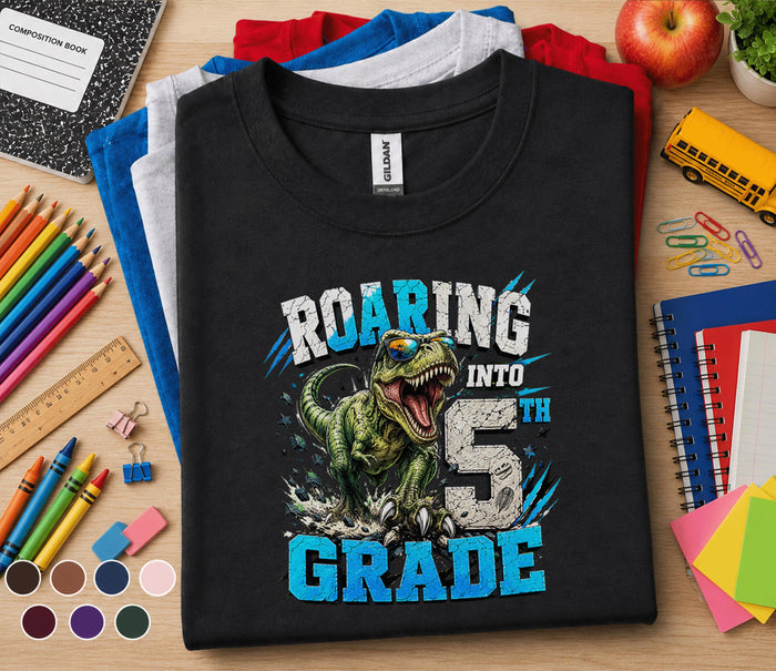 Roaring Into 5th Grade Shirt, Dinosaur Back to School Tee