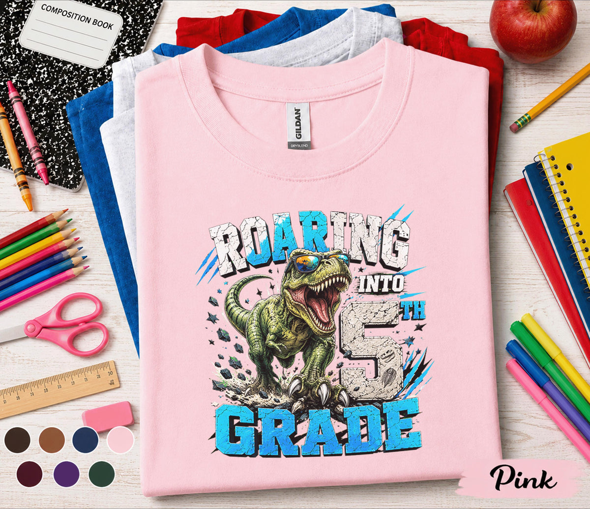 Roaring Into 5th Grade Shirt, Dinosaur Back to School Tee, Cool T-Rex First Day of School Shirt, Fifth Grade Student Gift, Boys Dino Outfit