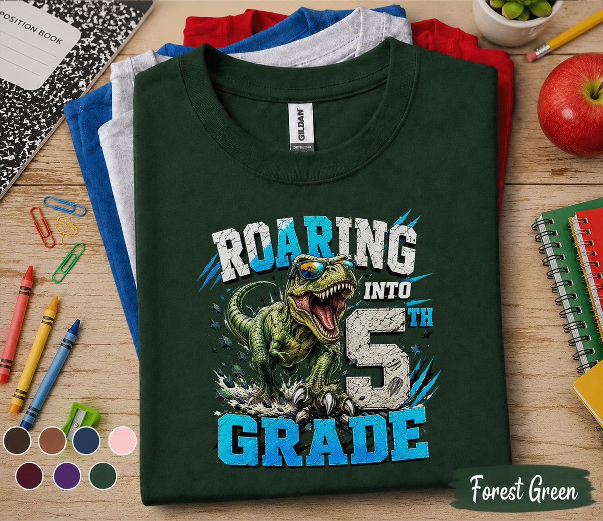 Roaring Into 5th Grade Shirt, Dinosaur Back to School Tee, Cool T-Rex First Day of School Shirt, Fifth Grade Student Gift, Boys Dino Outfit