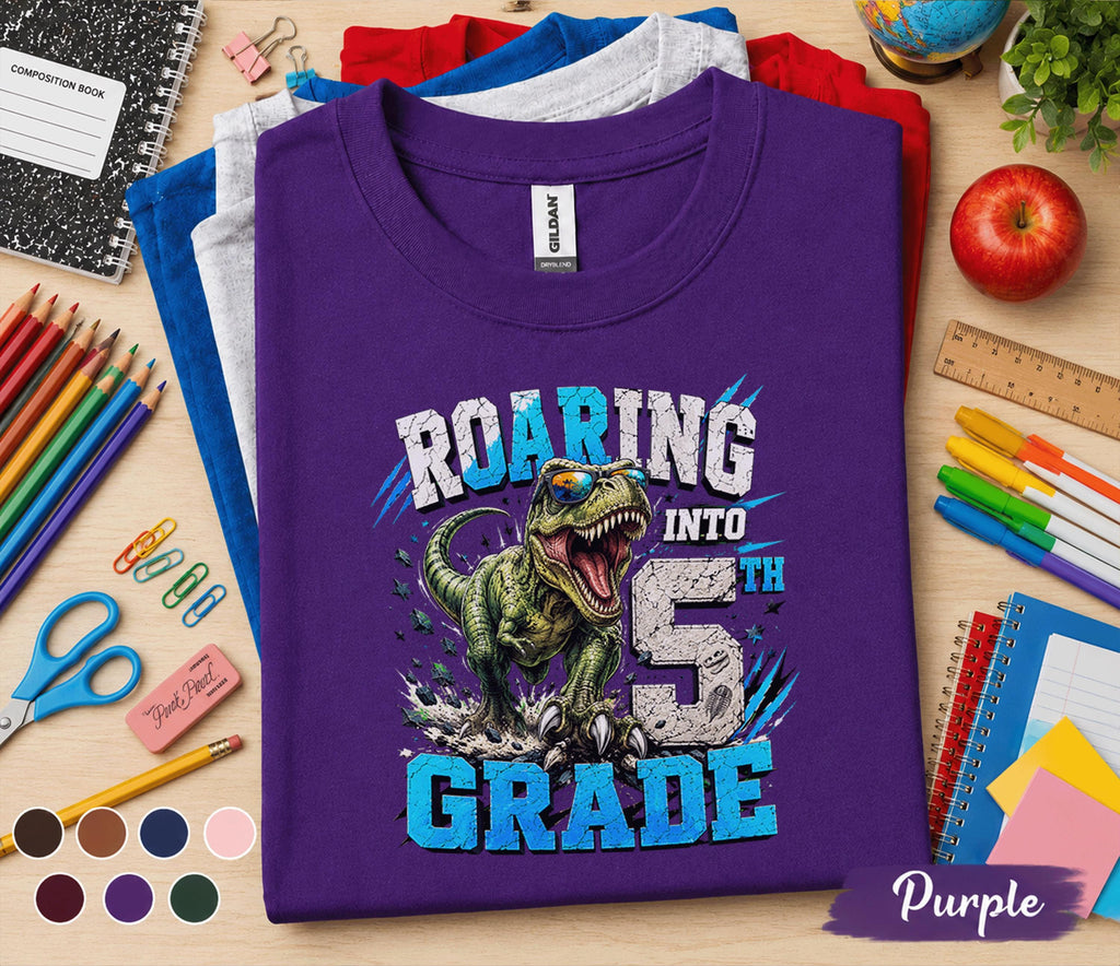 Roaring Into 5th Grade Shirt, Dinosaur Back to School Tee, Cool T-Rex First Day of School Shirt, Fifth Grade Student Gift, Boys Dino Outfit