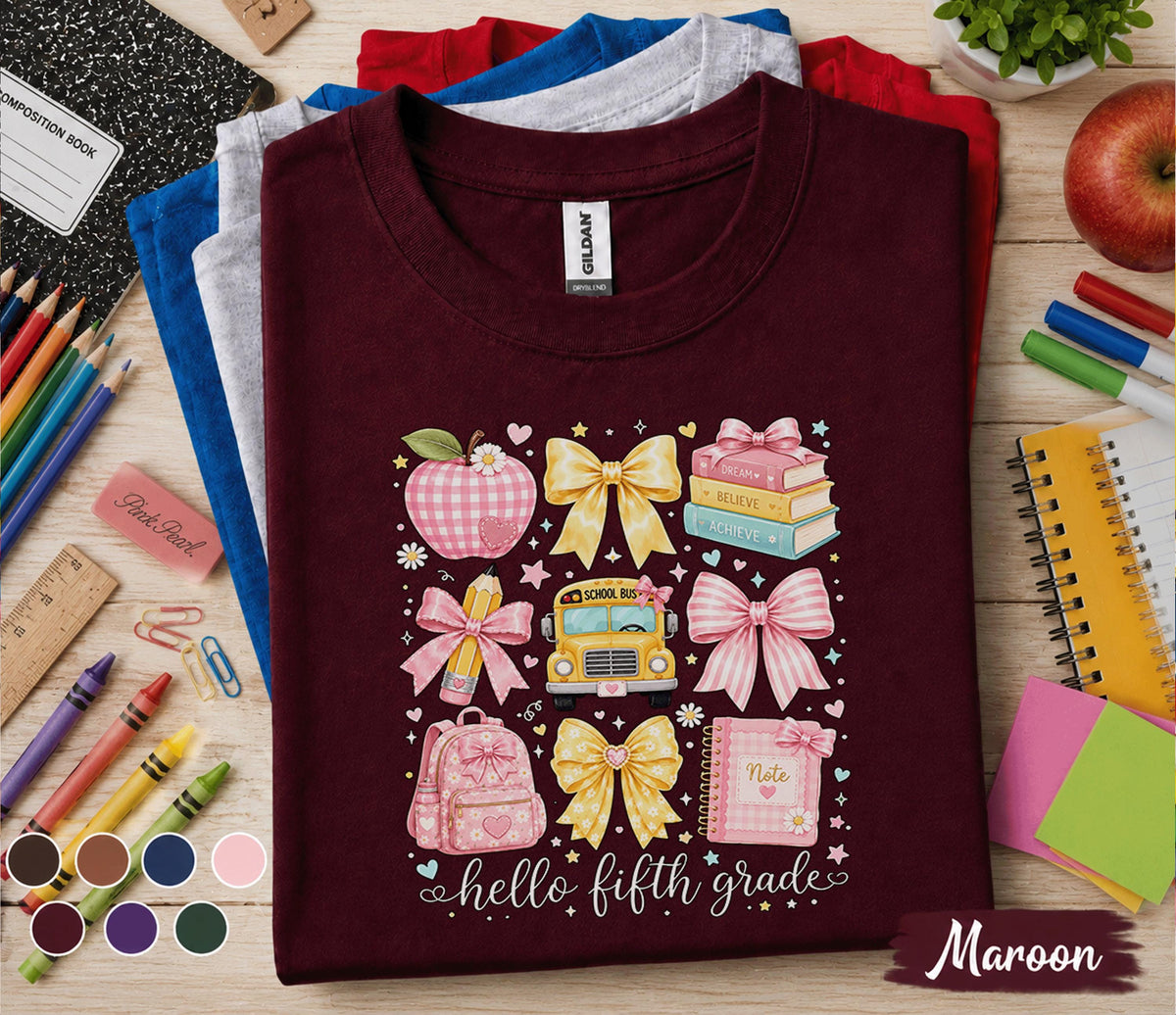 Hello Fifth Grade Shirt, Cute Coquette Back to School Tee, Pink Bow School Bus Apple Backpack, First Day of 5th Grade Student Gift Shirt