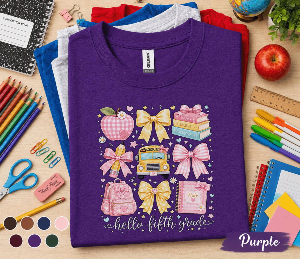Hello Fifth Grade Shirt, Cute Coquette Back to School Tee, Pink Bow School Bus Apple Backpack, First Day of 5th Grade Student Gift Shirt