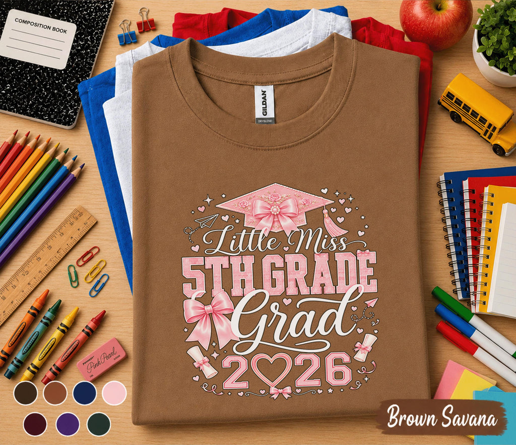 Little Miss 5th Grade Grad 2026 Shirt, Pink Bow Graduation Cap Tee, Elementary School Graduate Gift, Coquette Fifth Grade Graduation Shirt