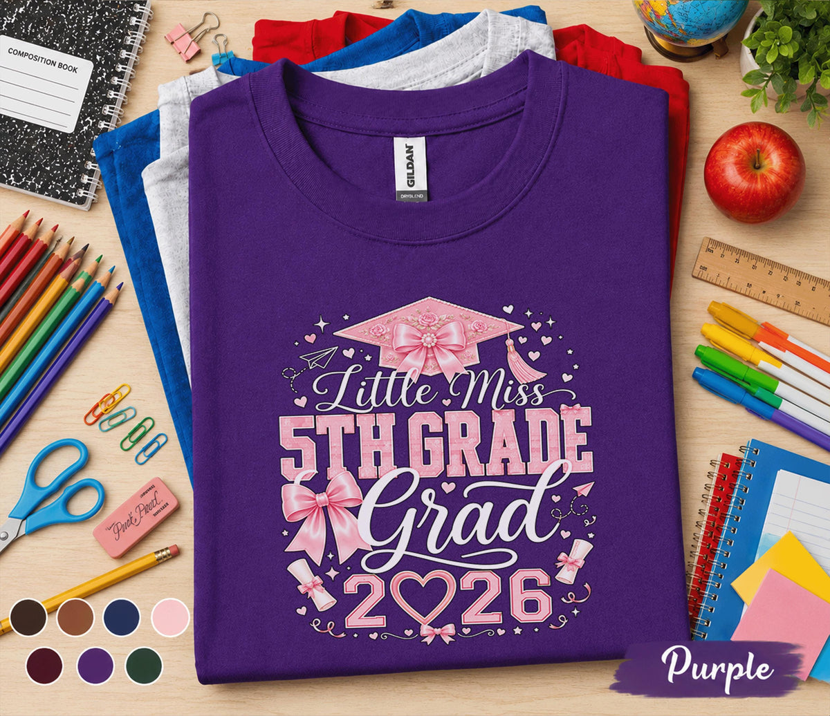 Little Miss 5th Grade Grad 2026 Shirt, Pink Bow Graduation Cap Tee, Elementary School Graduate Gift, Coquette Fifth Grade Graduation Shirt