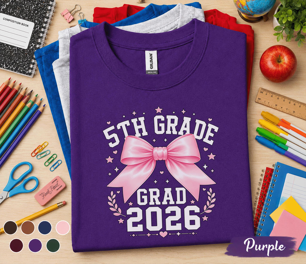 5th Grade Grad 2026 Shirt, First Day of 5th Grade Tee, Pink Bow Back to School Shirt, Fifth Grade Graduation Gift for Girl, Cute Student Tee
