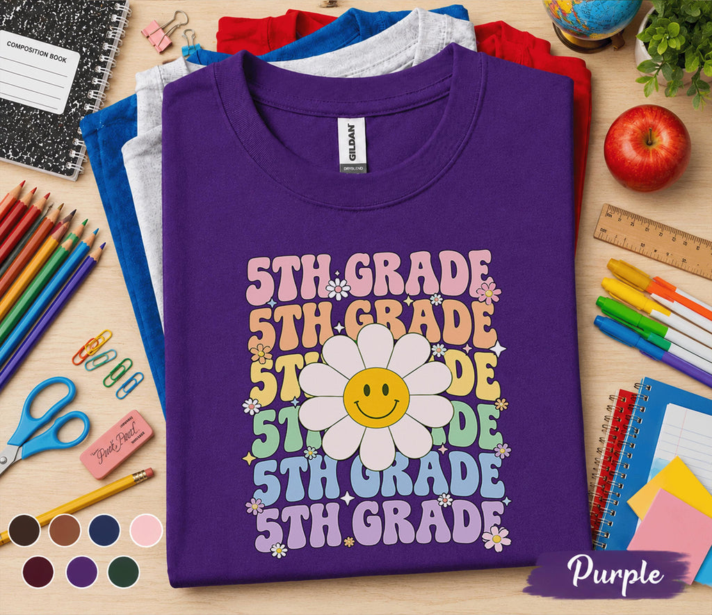 5th Grade Smiley Daisy Shirt, Retro Fifth Grade Back to School Tee, Cute First Day of 5th Grade Shirt, Rainbow Floral Student Gift