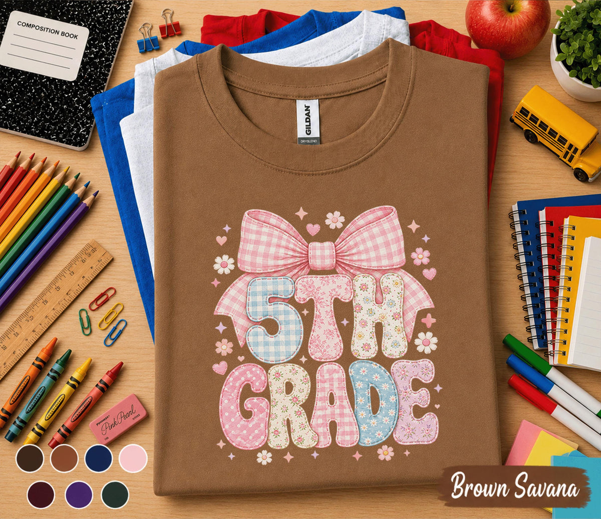 5th Grade Bow Shirt, Coquette Fifth Grade Tee, Pink Bow Back to School Shirt, First Day of School Outfit, Cute Girls 5th Grade Gift Tee