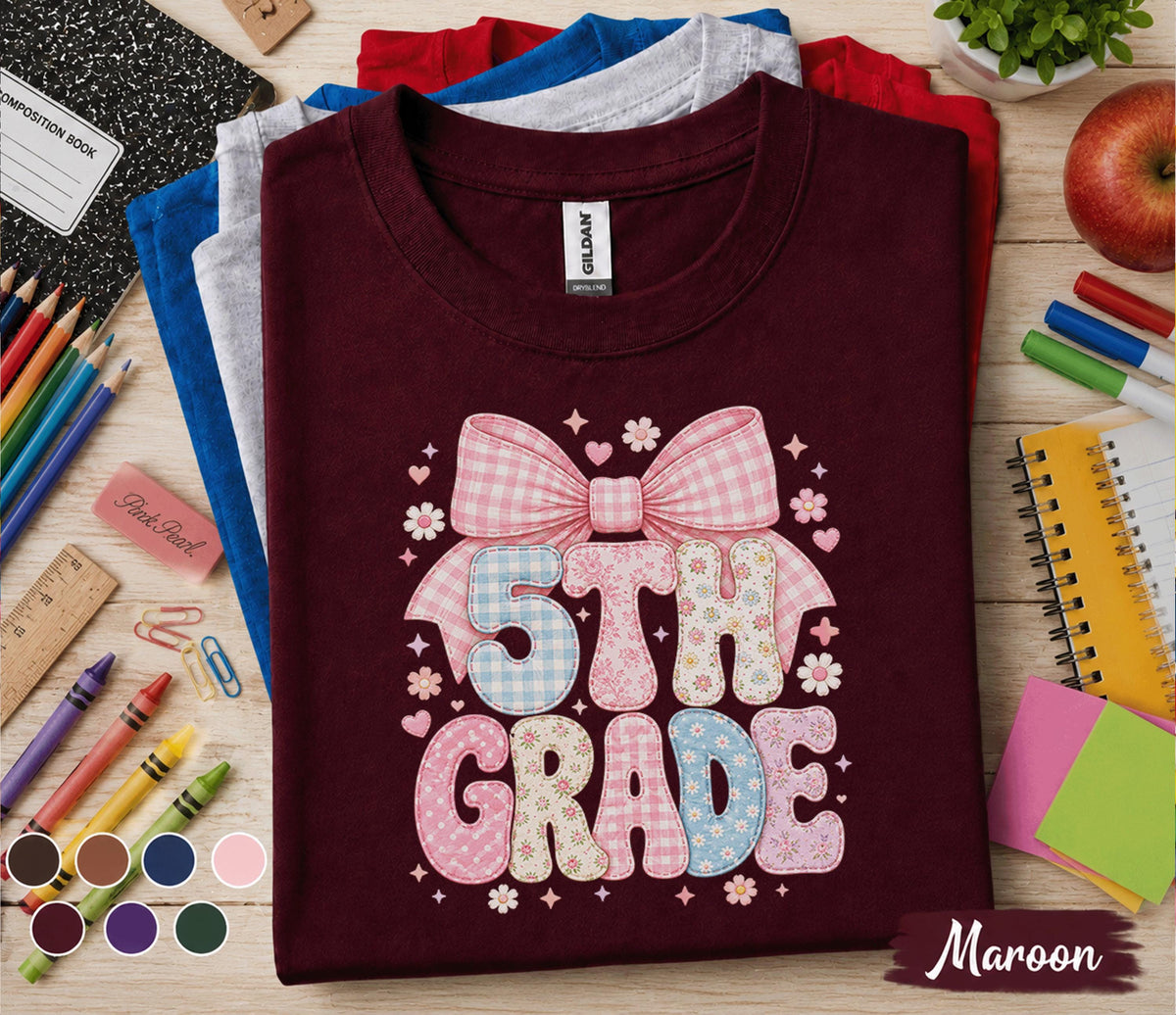 5th Grade Bow Shirt, Coquette Fifth Grade Tee, Pink Bow Back to School Shirt, First Day of School Outfit, Cute Girls 5th Grade Gift Tee