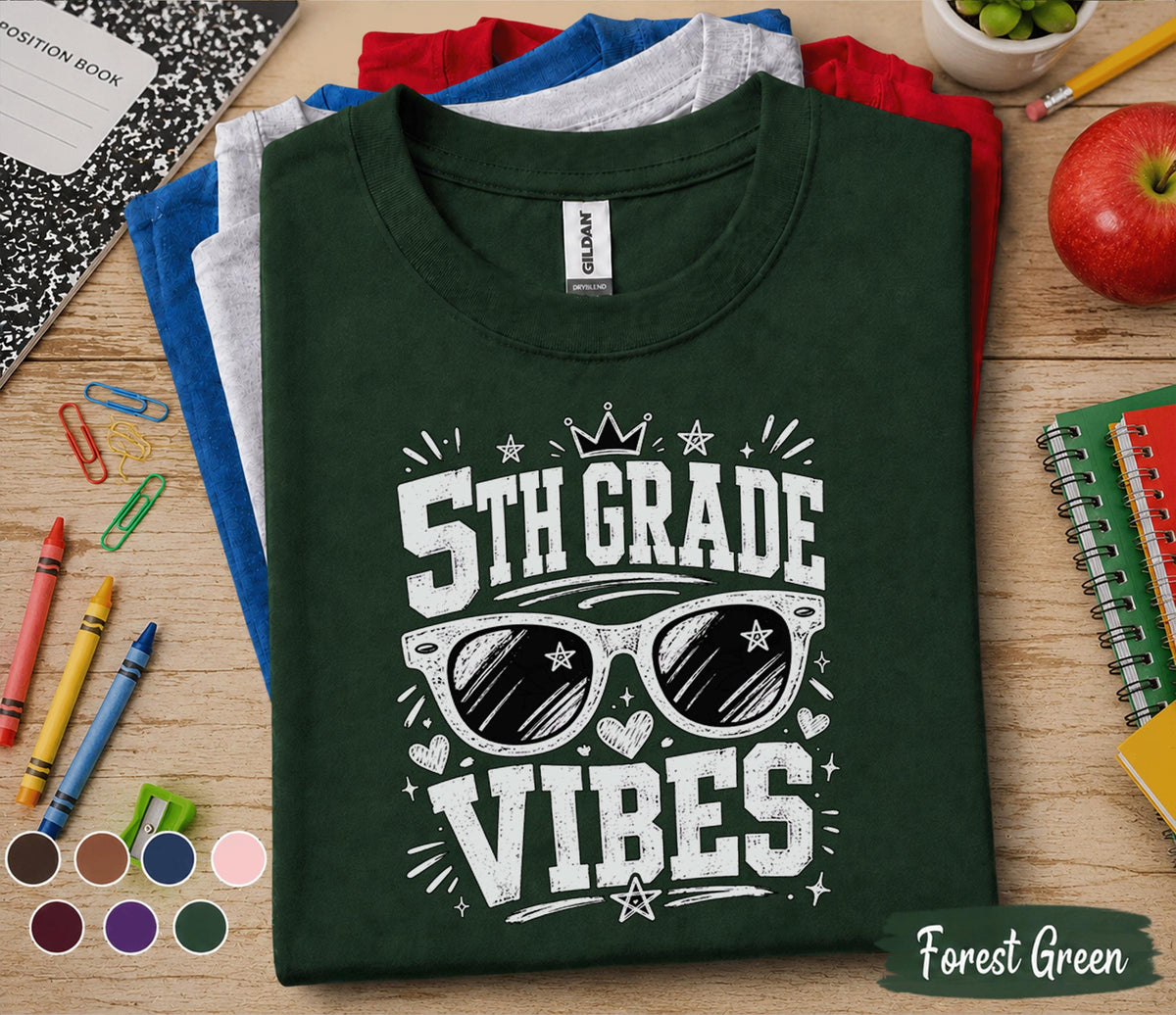 5th Grade Vibes Shirt, Back to School Fifth Grade Tee, First Day of School Shirt, Cool Sunglasses Student Shirt, Trendy Kids School Gift Tee