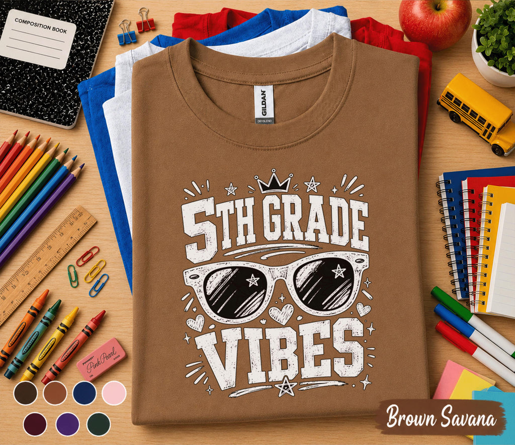 5th Grade Vibes Shirt, Back to School Fifth Grade Tee, First Day of School Shirt, Cool Sunglasses Student Shirt, Trendy Kids School Gift Tee