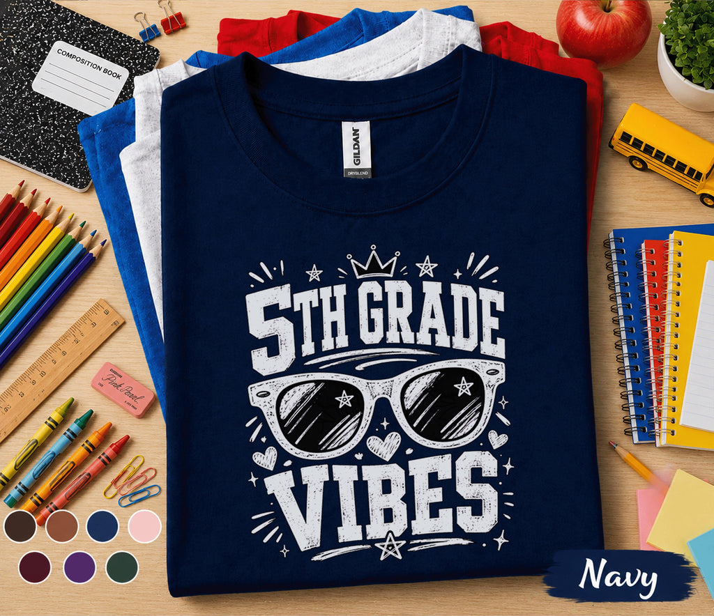5th Grade Vibes Shirt, Back to School Fifth Grade Tee, First Day of School Shirt, Cool Sunglasses Student Shirt, Trendy Kids School Gift Tee