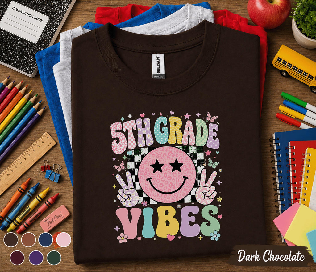 5th Grade Vibes Shirt, Retro Smiley Face Back to School Tee, Cute First Day of Fifth Grade Shirt, Pastel School Outfit, Girls Student Gift