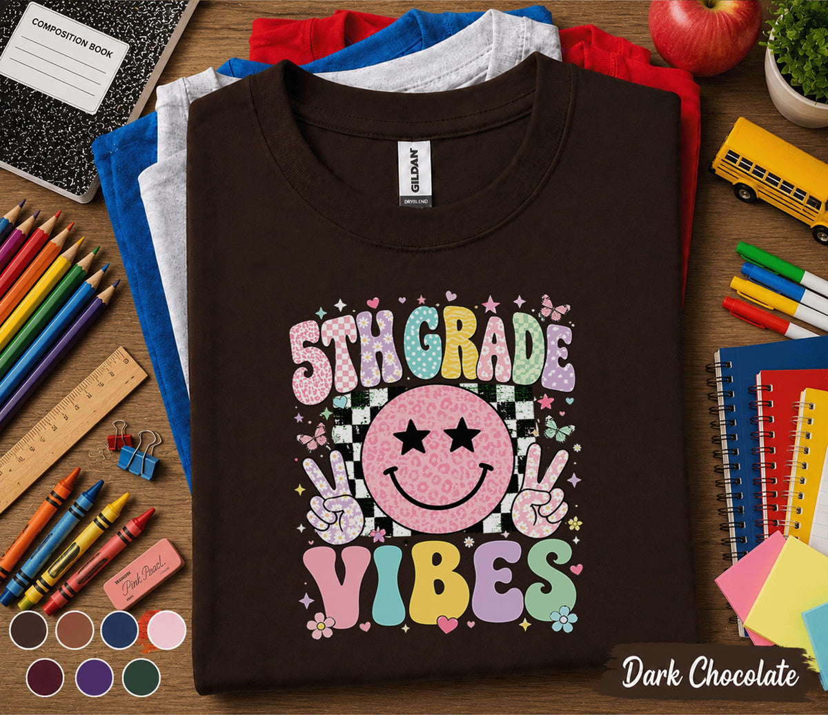 5th Grade Vibes Shirt, Retro Smiley Face Back to School Tee, Cute First Day of Fifth Grade Shirt, Pastel School Outfit, Girls Student Gift