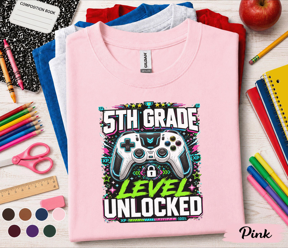 5th Grade Level Unlocked Shirt, Gamer Back to School Tee, First Day of Fifth Grade Gaming Shirt, Video Game Controller Student Gift