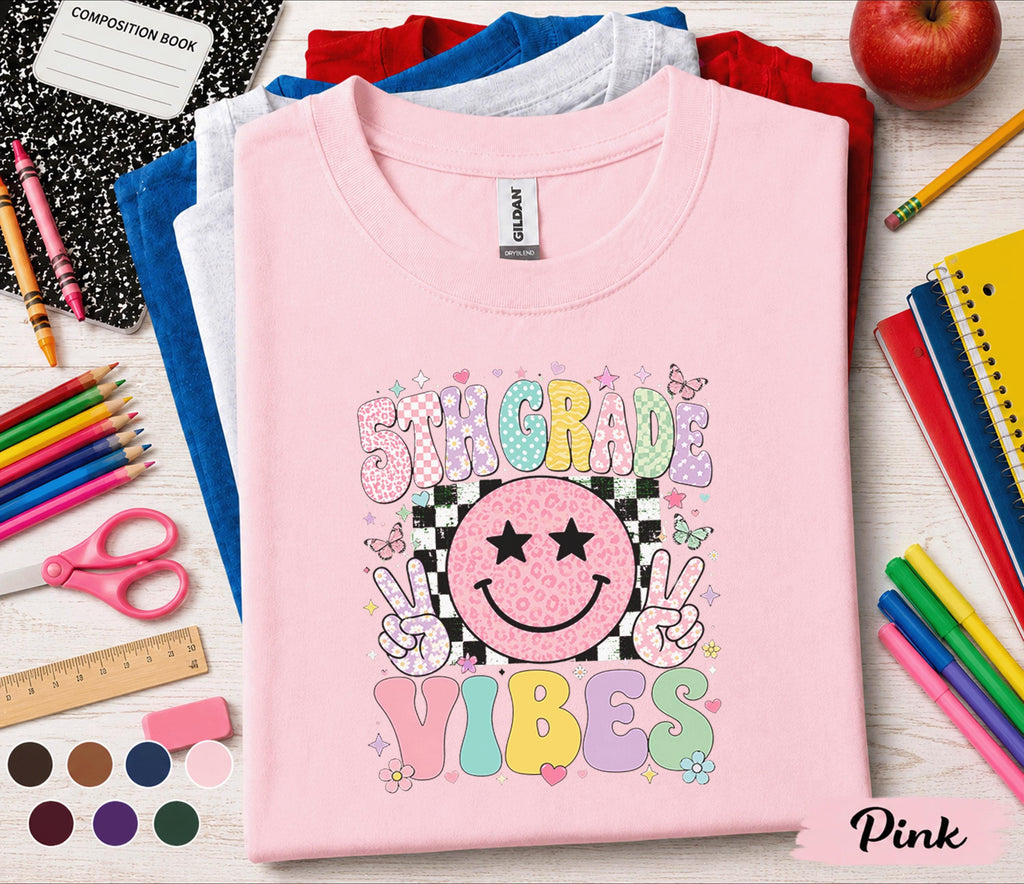 5th Grade Vibes Shirt, Retro Smiley Face Back to School Tee, Cute First Day of Fifth Grade Shirt, Pastel School Outfit, Girls Student Gift