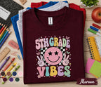 5th Grade Vibes Shirt, Retro Smiley Face Back to School Tee, Cute First Day of Fifth Grade Shirt, Pastel School Outfit, Girls Student Gift