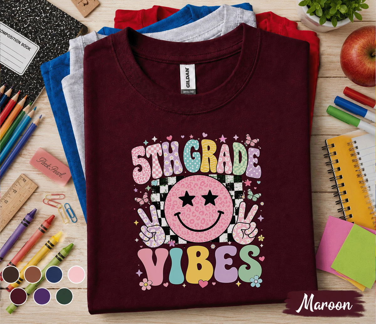 5th Grade Vibes Shirt, Retro Smiley Face Back to School Tee, Cute First Day of Fifth Grade Shirt, Pastel School Outfit, Girls Student Gift