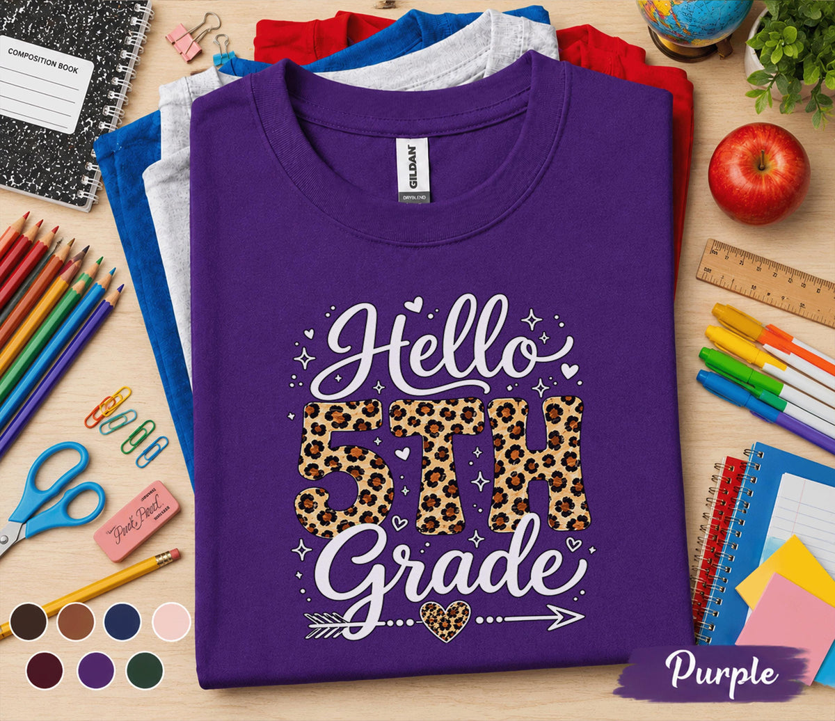 Hello 5th Grade Shirt, First Day of Fifth Grade Shirt, Leopard Print Back to School Tee, 5th Grade Student Shirt, Girl School Outfit Gift