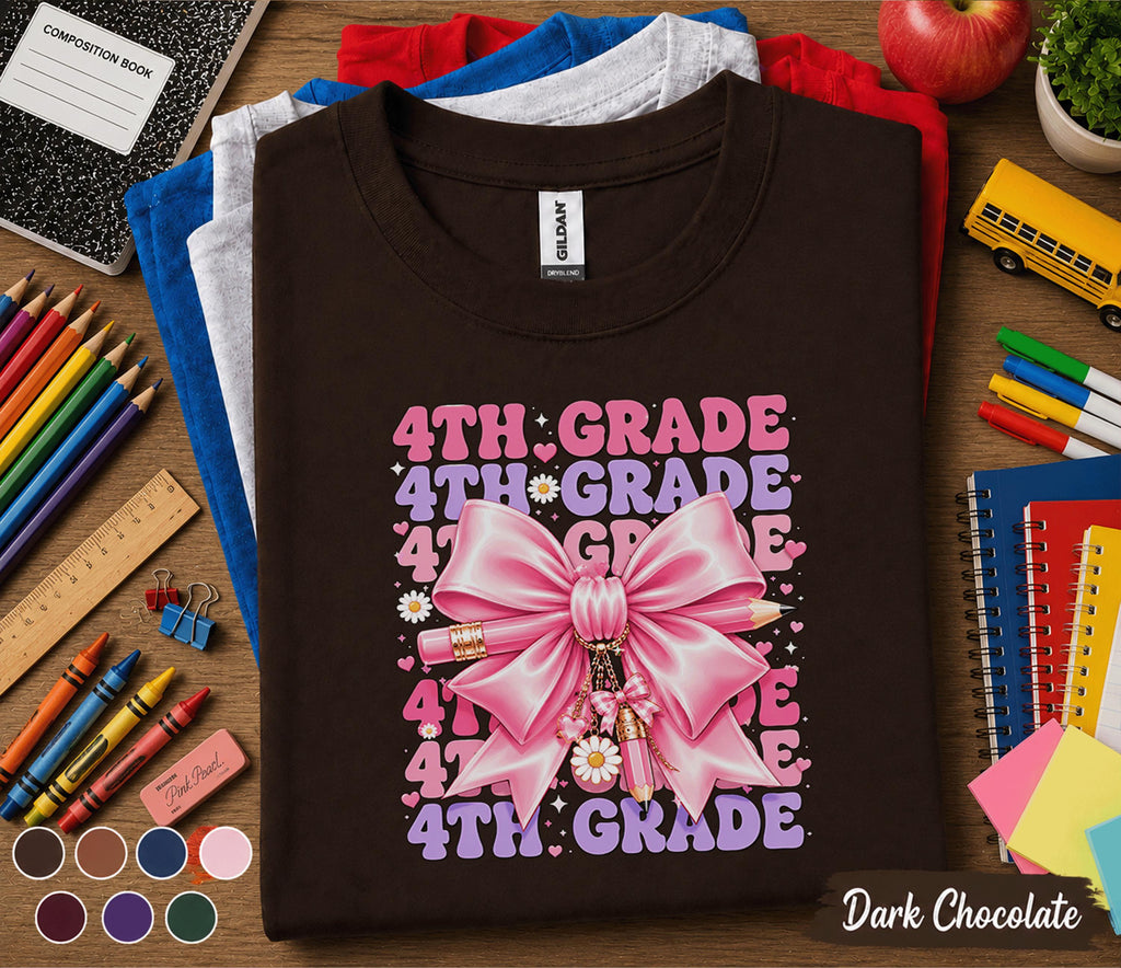 4th Grade Shirt, Cute Pink Bow Fourth Grade Back to School Shirt, First Day of School Tee for Girls, Coquette 4th Grade Student Gift