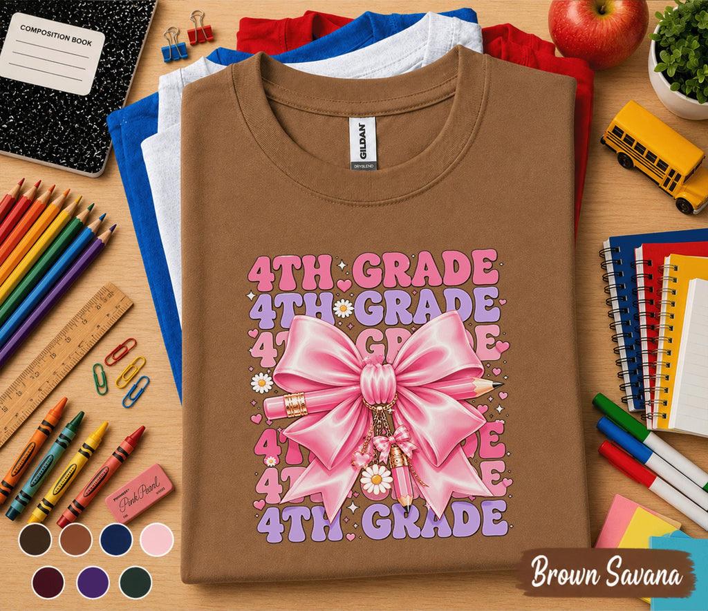 4th Grade Shirt, Cute Pink Bow Fourth Grade Back to School Shirt, First Day of School Tee for Girls, Coquette 4th Grade Student Gift