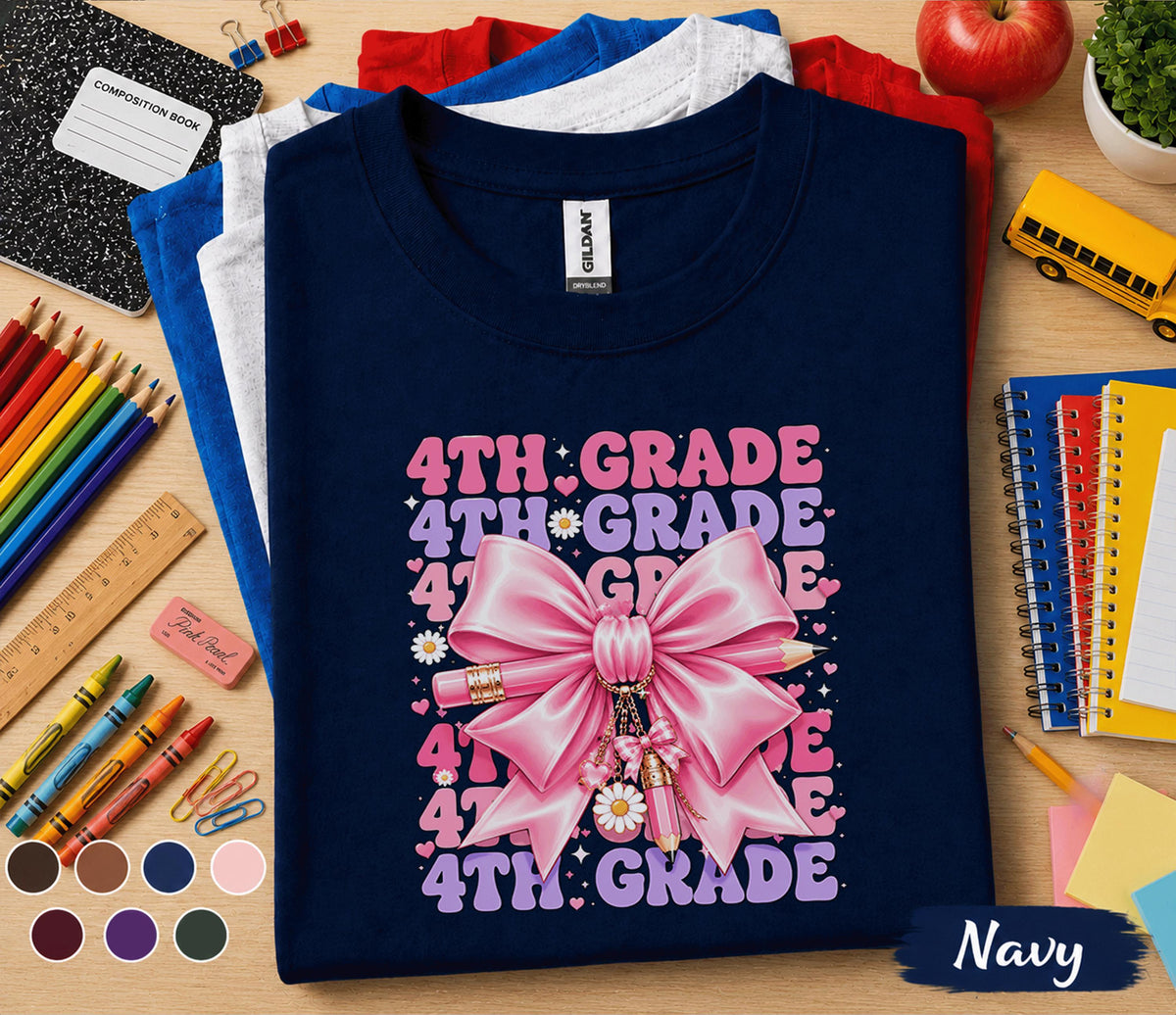 4th Grade Shirt, Cute Pink Bow Fourth Grade Back to School Shirt, First Day of School Tee for Girls, Coquette 4th Grade Student Gift