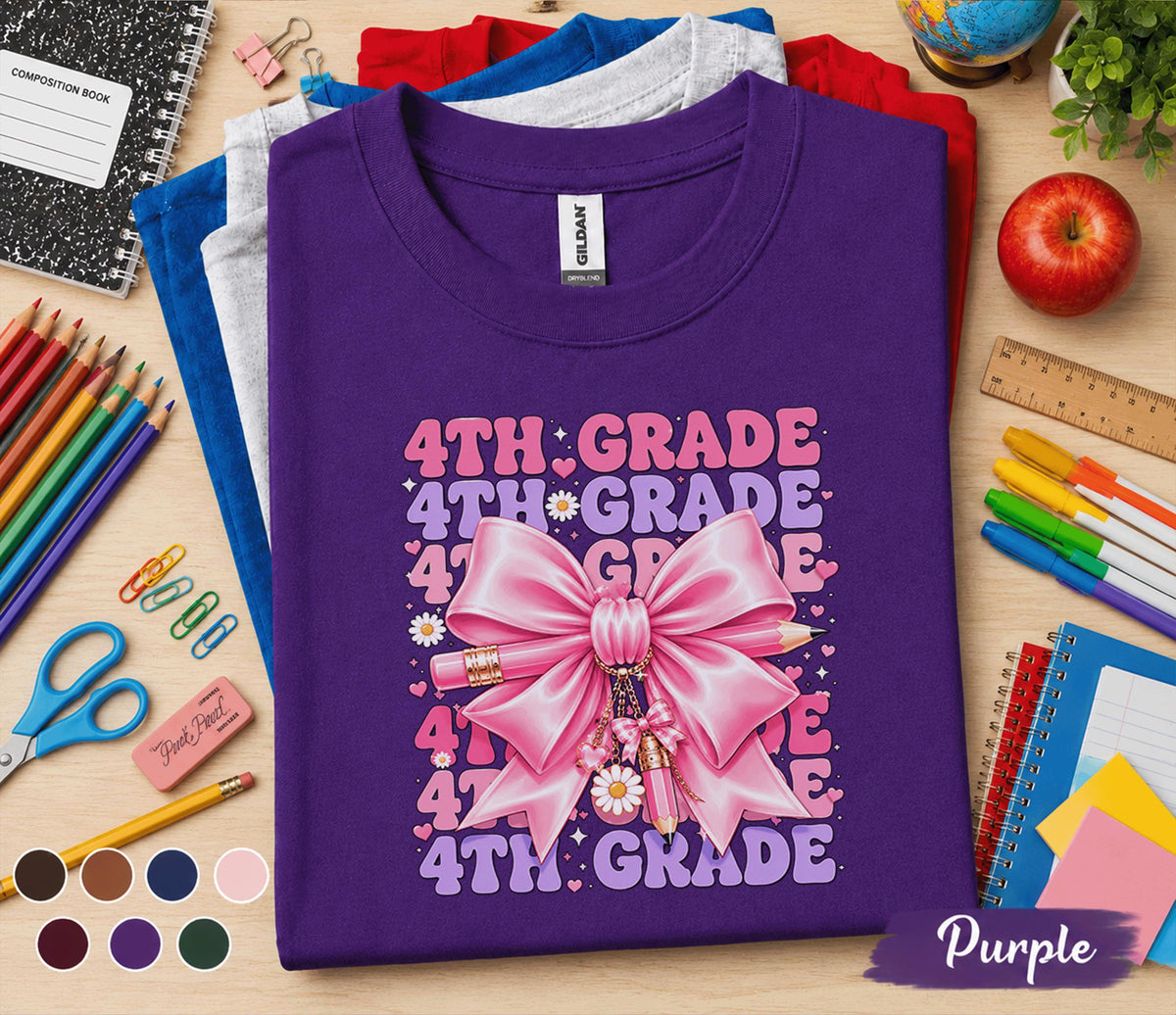 4th Grade Shirt, Cute Pink Bow Fourth Grade Back to School Shirt, First Day of School Tee for Girls, Coquette 4th Grade Student Gift