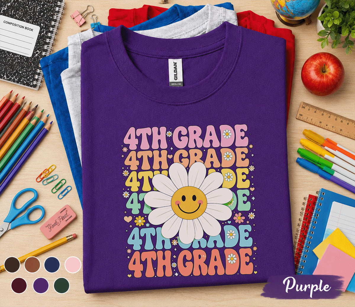 4th Grade Daisy Smiley Face Shirt, Retro Back to School Tee, First Day of Fourth Grade Shirt, Cute Kids School Outfit