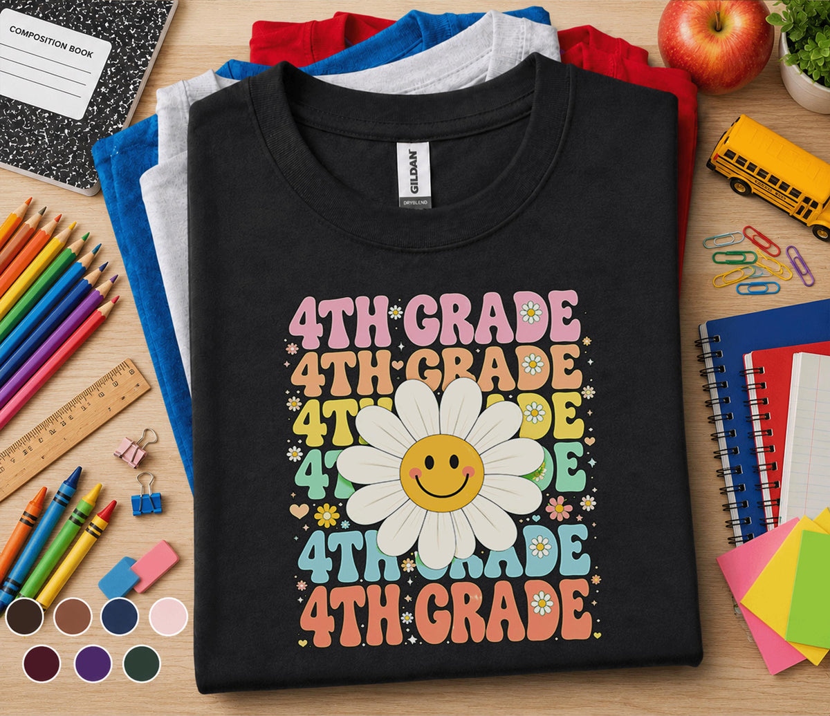 4th Grade Daisy Smiley Face Shirt, Retro Back to School Tee