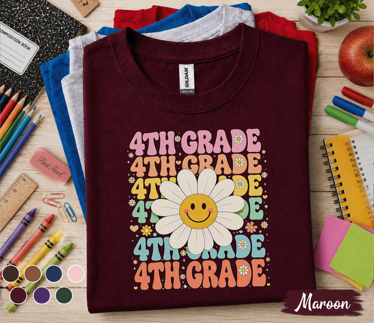 4th Grade Daisy Smiley Face Shirt, Retro Back to School Tee, First Day of Fourth Grade Shirt, Cute Kids School Outfit