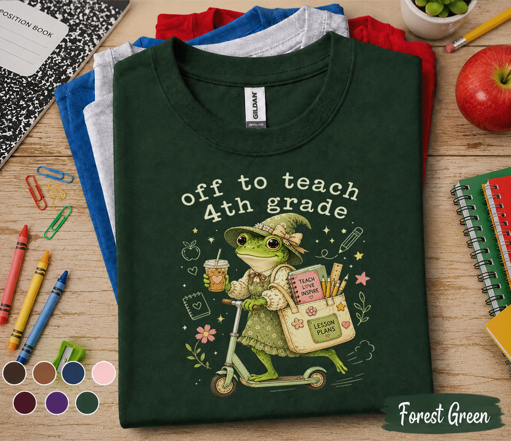 Off to Teach 4th Grade Frog Teacher Shirt, Back to School Teacher Tee, Fourth Grade Teacher Gift, Cute Frog Classroom Shirt