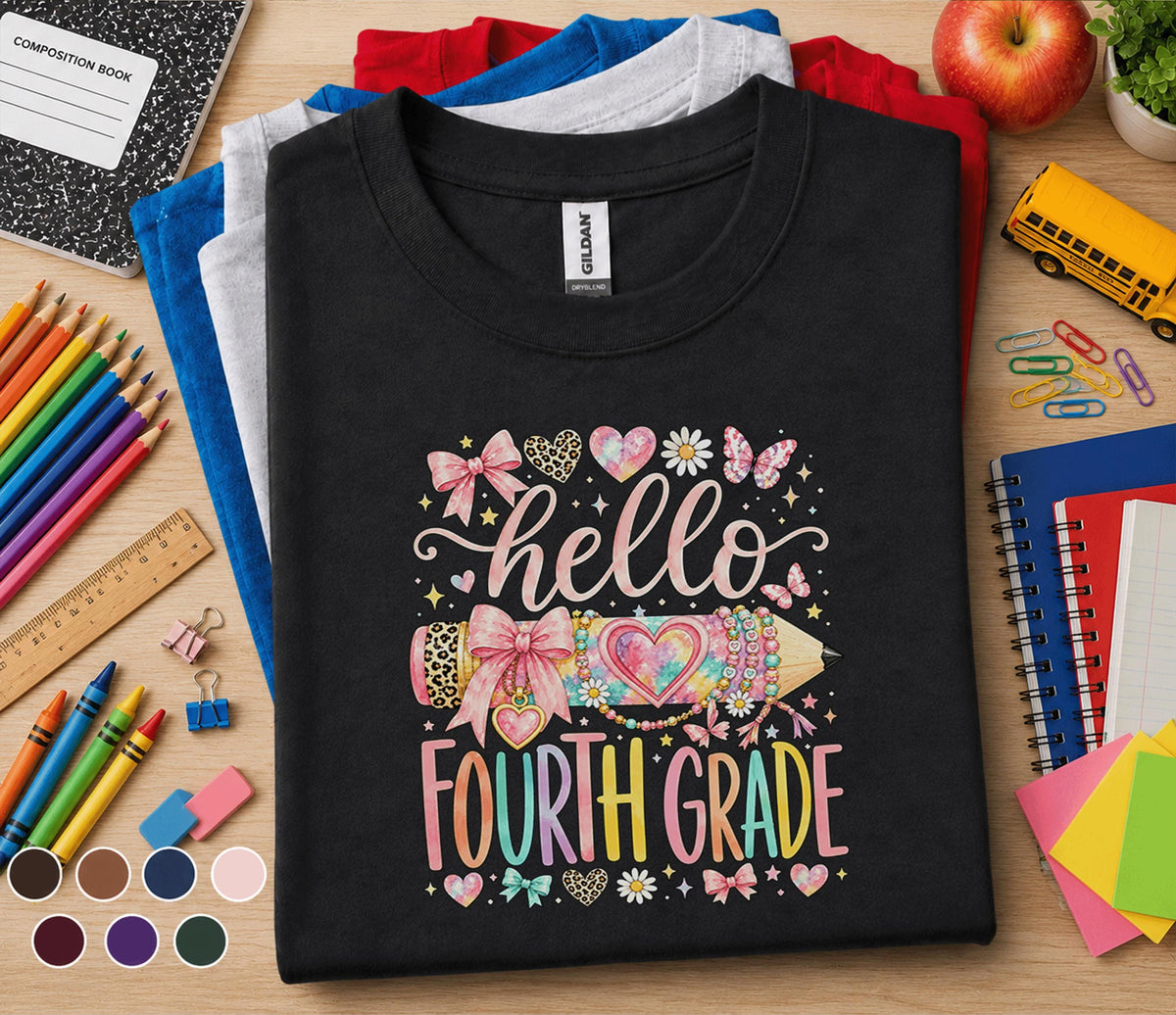 Hello Fourth Grade Shirt for Girls, Cute Back to School Tee