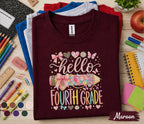 Hello Fourth Grade Shirt for Girls, Cute Back to School Tee, First Day of 4th Grade Shirt, Pink Bow Pencil Student Shirt