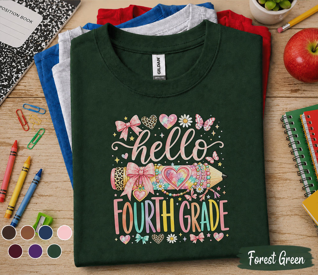 Hello Fourth Grade Shirt for Girls, Cute Back to School Tee, First Day of 4th Grade Shirt, Pink Bow Pencil Student Shirt