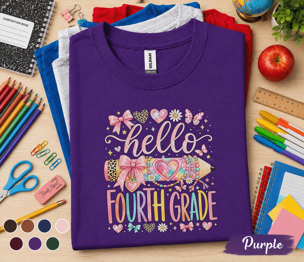 Hello Fourth Grade Shirt for Girls, Cute Back to School Tee, First Day of 4th Grade Shirt, Pink Bow Pencil Student Shirt