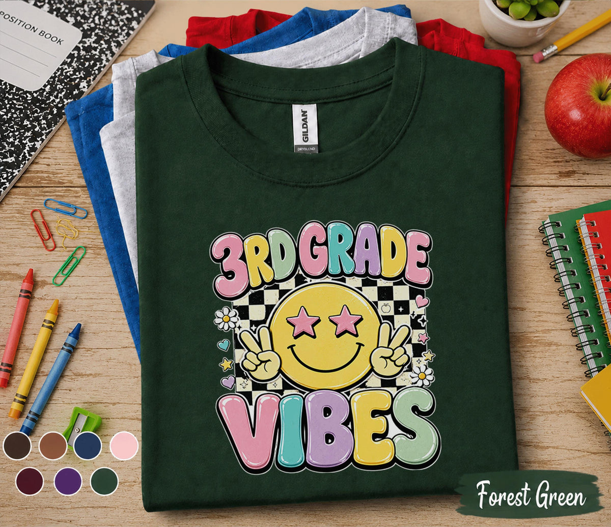 3rd Grade Vibes Shirt, First Day of 3rd Grade Tee, Retro Smiley Face Back to School Shirt, Cute Third Grade Student Gift