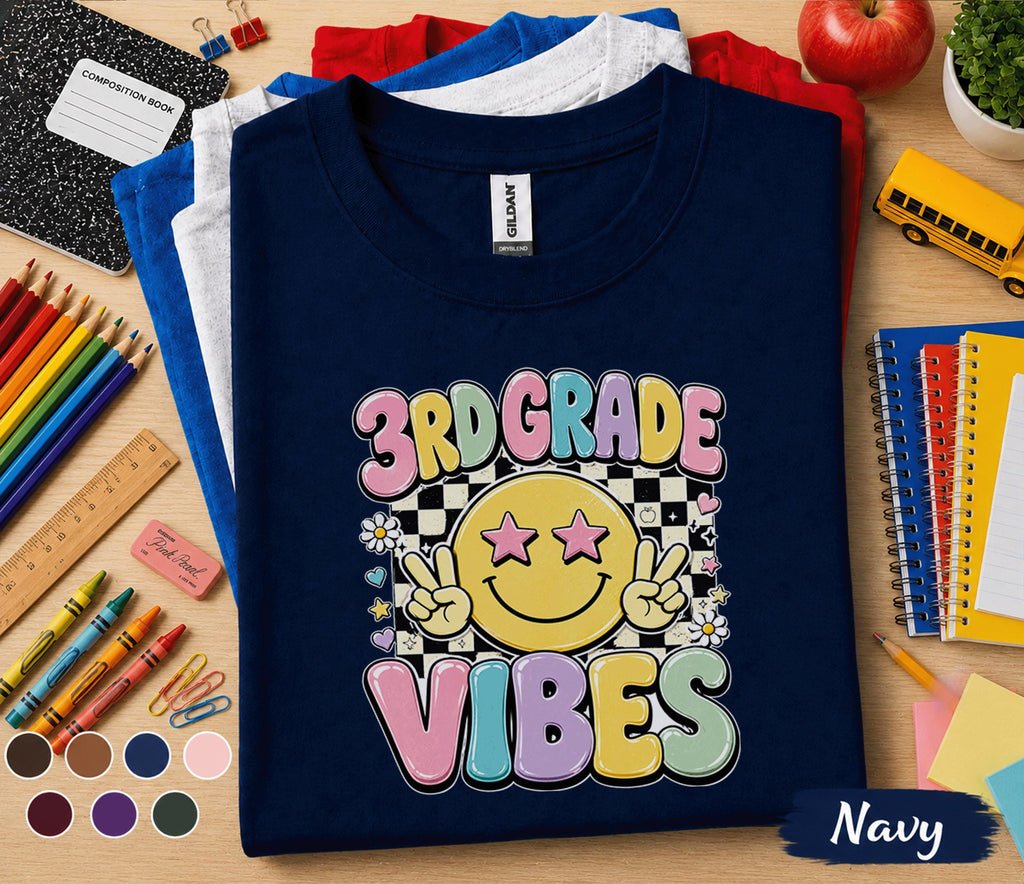 3rd Grade Vibes Shirt, First Day of 3rd Grade Tee, Retro Smiley Face Back to School Shirt, Cute Third Grade Student Gift