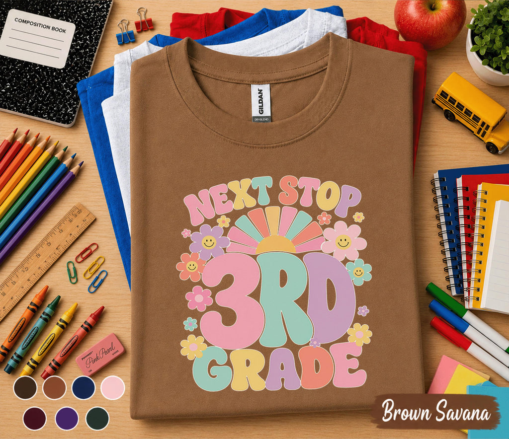 Next Stop 3rd Grade Shirt, Retro Back to School Tee, First Day of Third Grade Shirt, Cute Smiley Flower Student Gift, Kids School Shirt