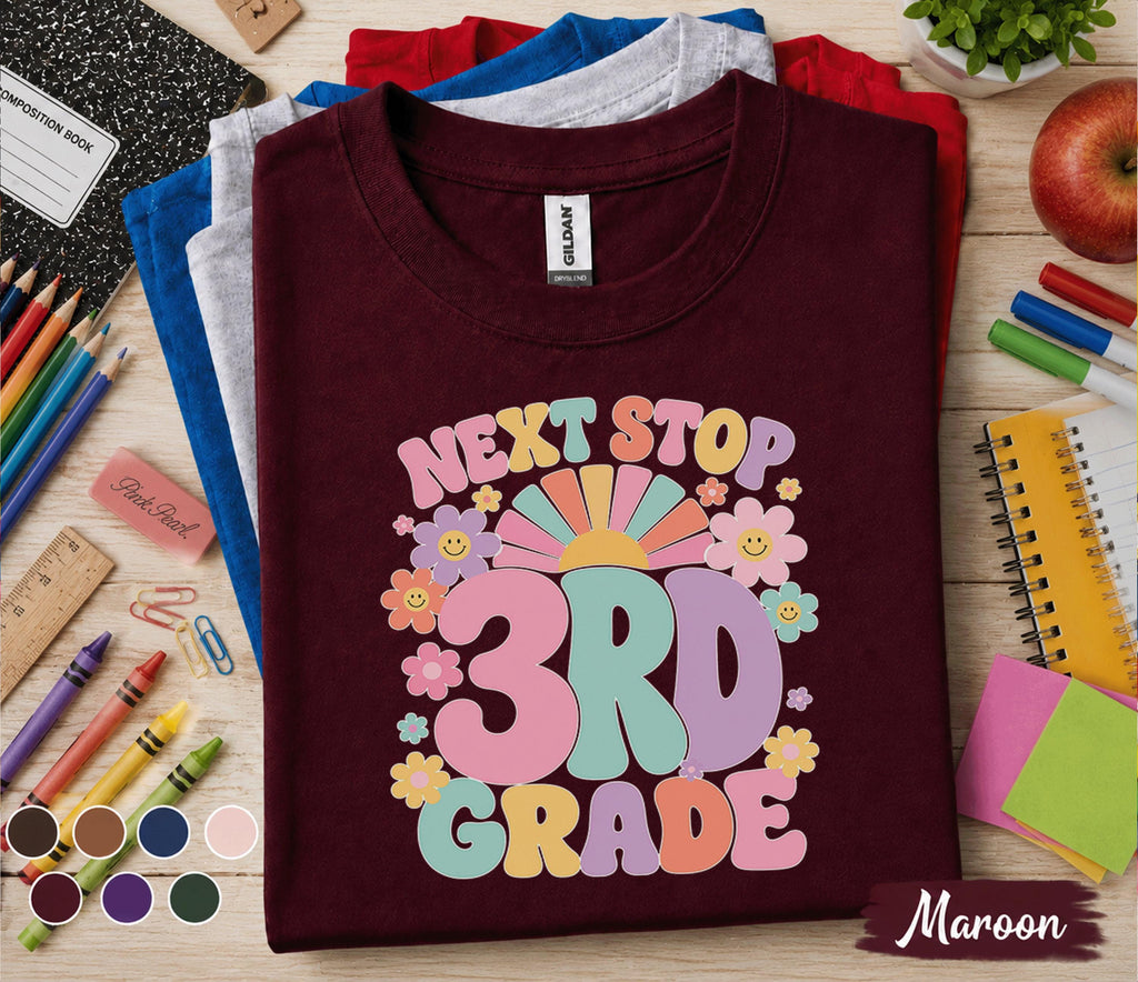 Next Stop 3rd Grade Shirt, Retro Back to School Tee, First Day of Third Grade Shirt, Cute Smiley Flower Student Gift, Kids School Shirt