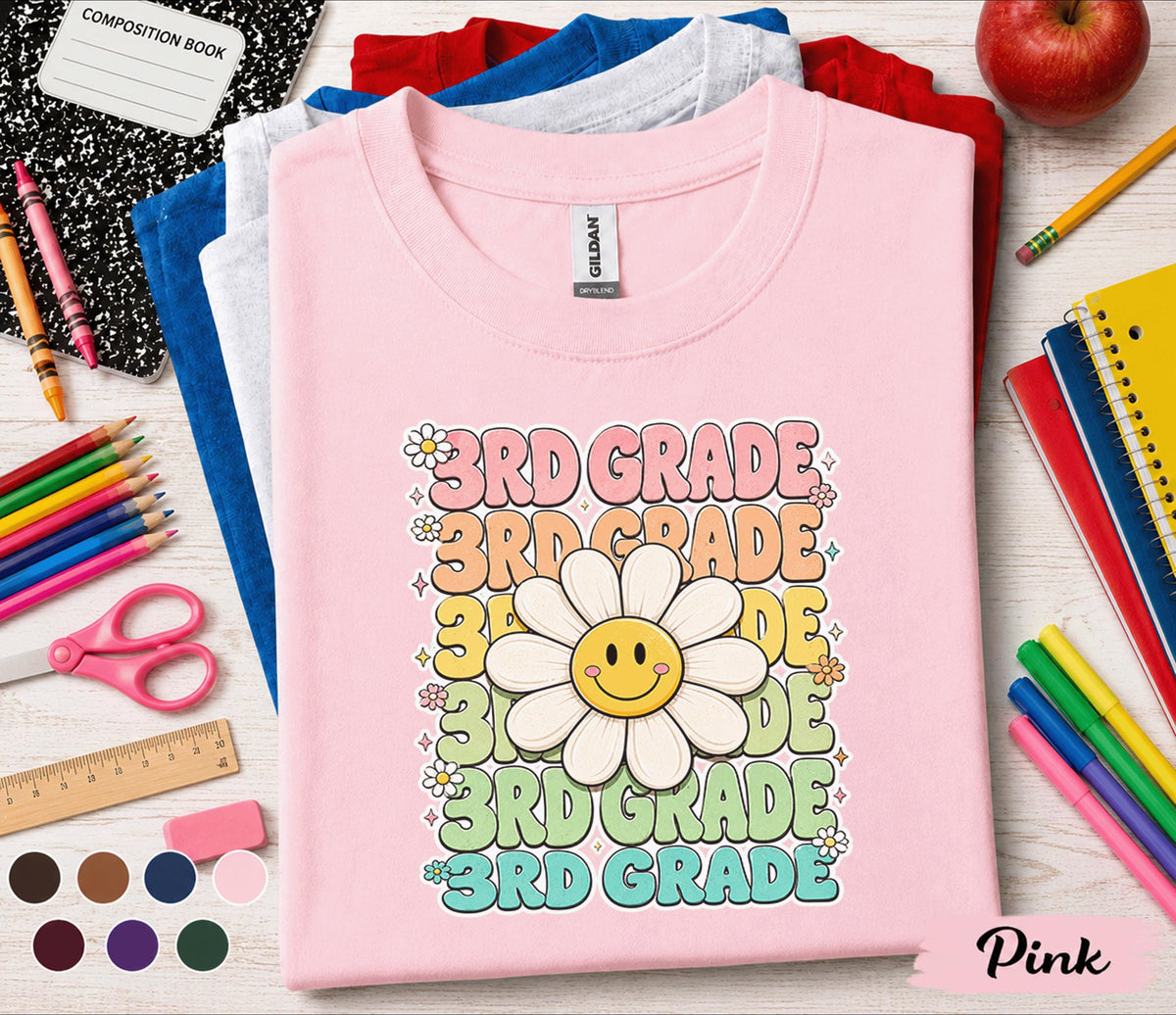 3rd Grade Smiley Daisy Shirt, Retro Back to School Tee, First Day of Third Grade Shirt, Cute Flower Student Gift, Groovy Kids School Shirt